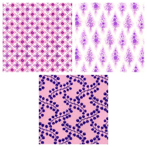 Set of original notecards with 3 textile designs: pink and lilac quatrefoils, pink and lilac flower posies, purple blueberries on pink