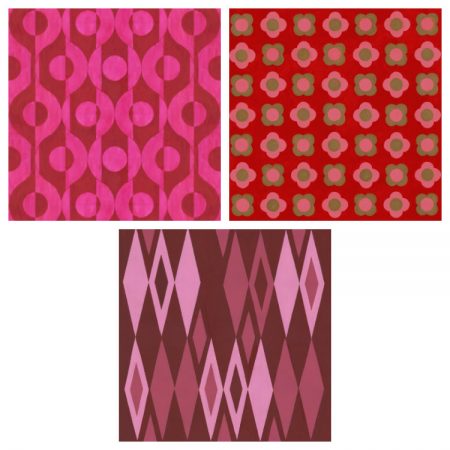 Set of 3 notecards with 1950s textile designs including pink and maroon twisting circles, pink and taupe quatrefoils on crimson background and pink and maroon diamonds on maroon