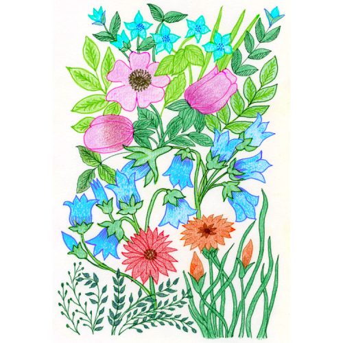 Greetings card design with pen & ink and crayon drawing of bright pink, blue and red flowers and bright and dark green foliage