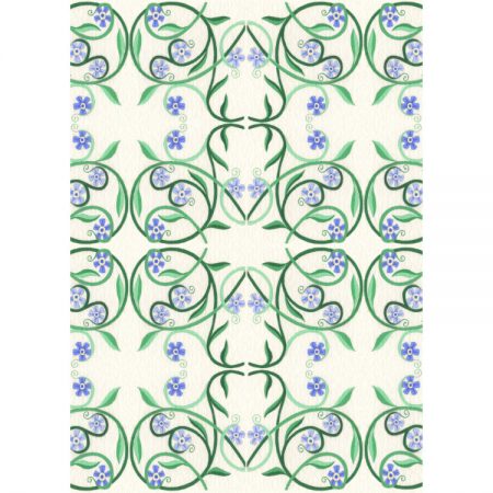 Greetings card with repeating design of swirling green lines around blue forget-me-not flowers