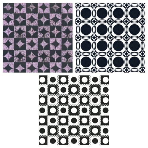 Set of 3 notecards with 1950s wallpaper designs of purple and black intersecting squares and circles, black and white intersecting circles with black centres, and black and white circles on opposite squares