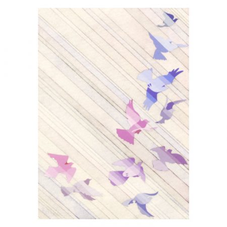Fine art print with abstract painting of flying birds in purples and pinks against pale diagonal stripes