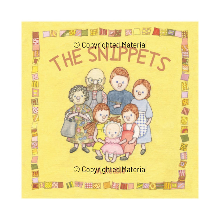 Front cover design of The Snippets children's book with family of dolls and title on yellow background
