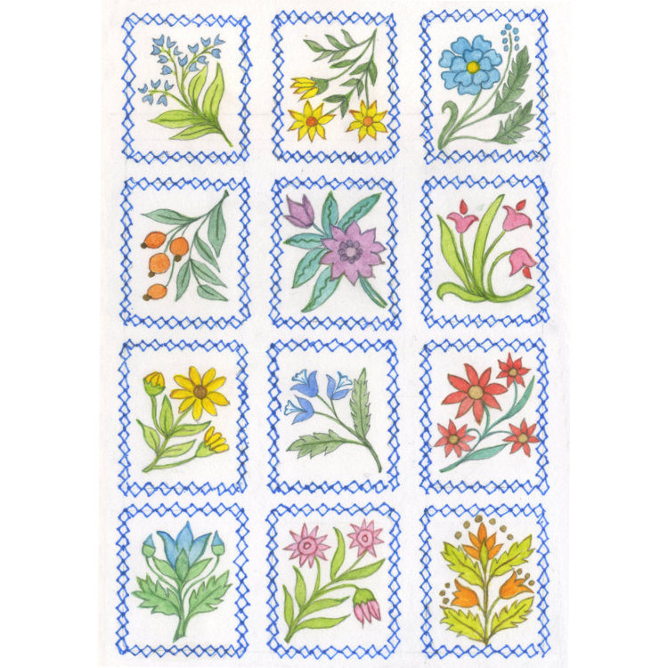 Design for small notecard with tiled design of tiny alpine flowers inside blue squares