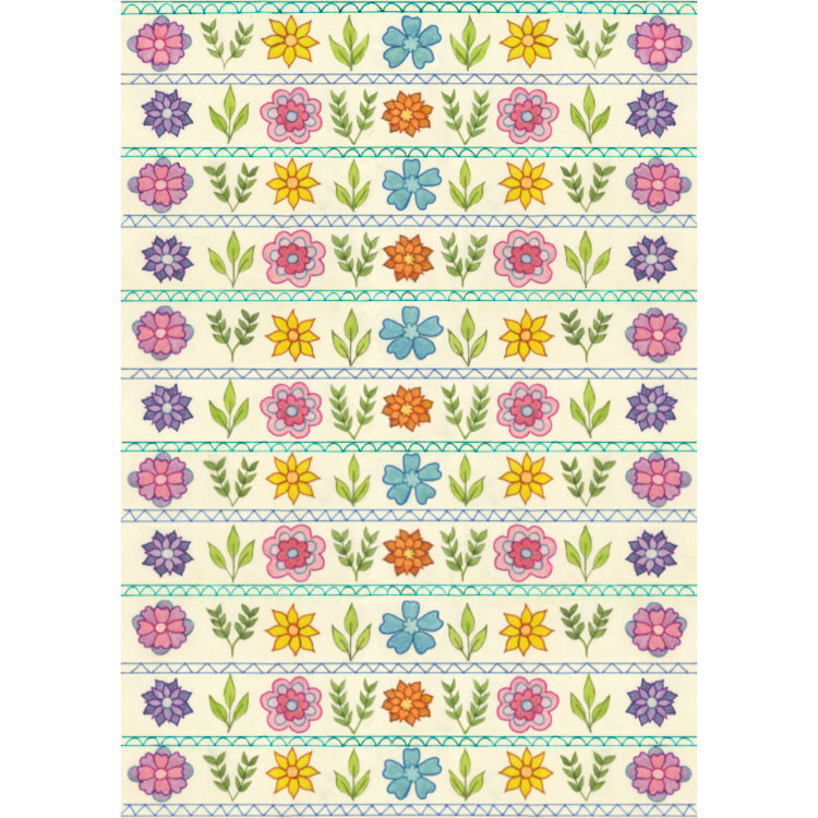 Design for small notecard with pattern of mini alpine flower heads in bright purple, yellow and turquoise