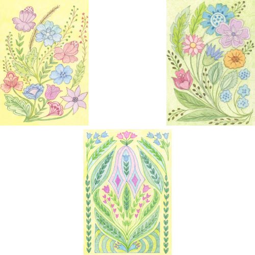 Set of small notecards with 3 designs of flowers in pastel shades, two bouquets and one geometric