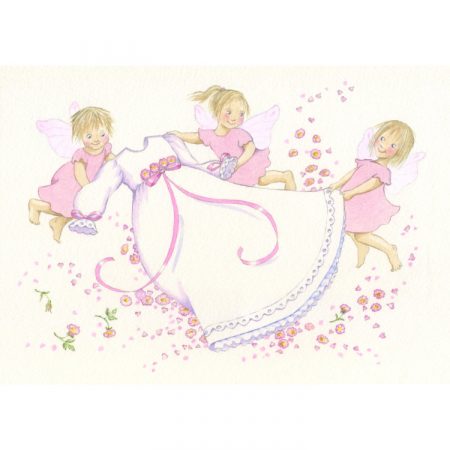 Greetings card design with three little fairy girls in pink dresses holding a white baby's gown with pink ribbons