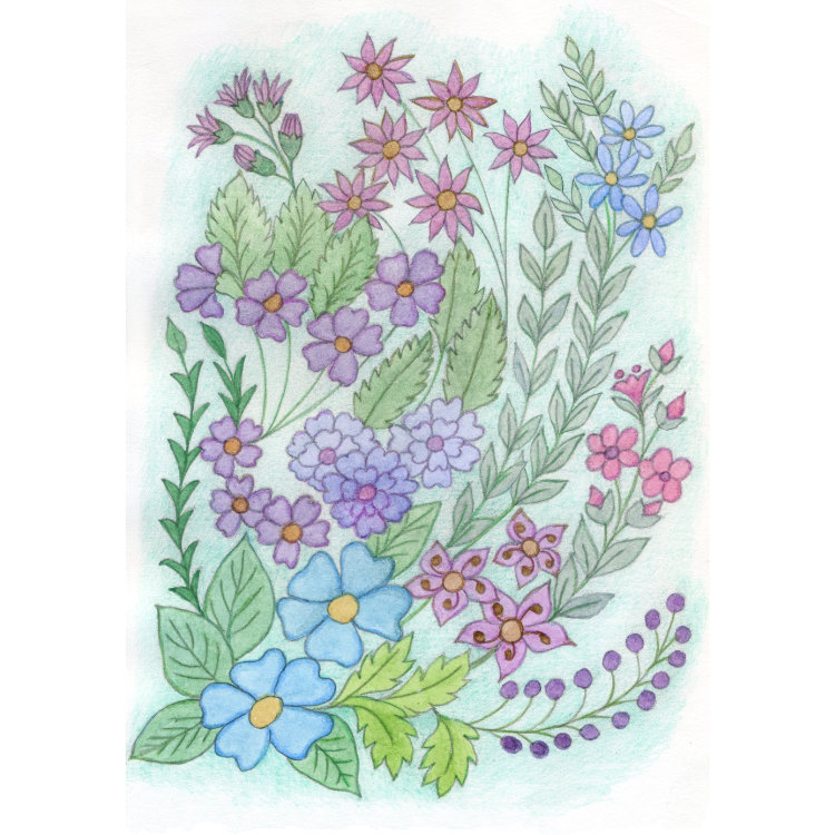 Design for small notecard with little purple and blue flowers on a blue background