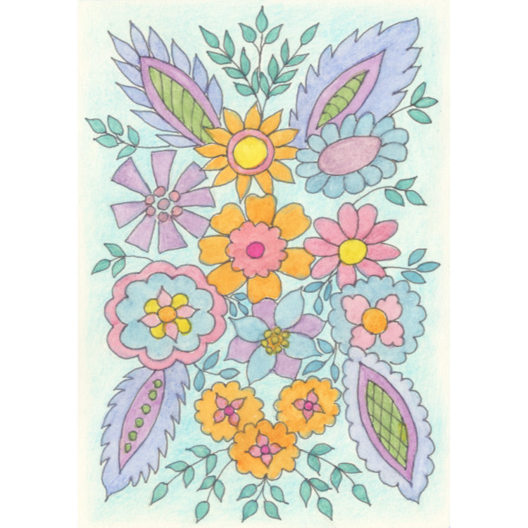 Design for small notecard with semi-symmetrical pattern of purple and orange flowers and purple leaves