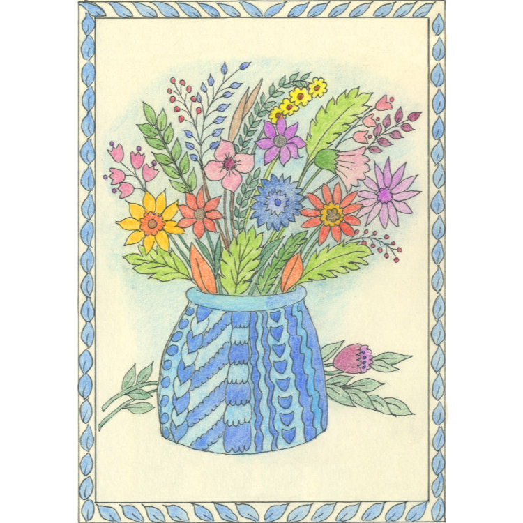 Design for small notecard with bright flowers in blue vase with blue leaf border