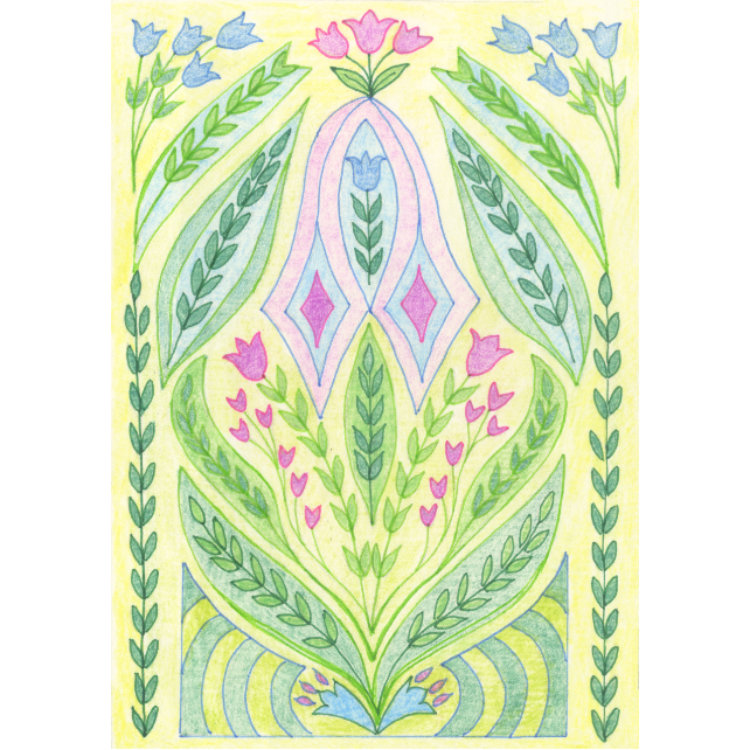 Design for small notecard with symmetrical pattern of flowers and leaves in jewel greens and pinks on yellow background