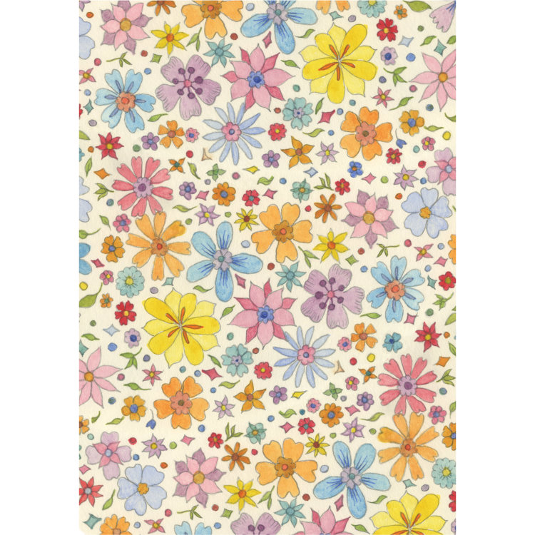 Design for small notecard with mini flowers at different scales in bright yellows, blues and pinks