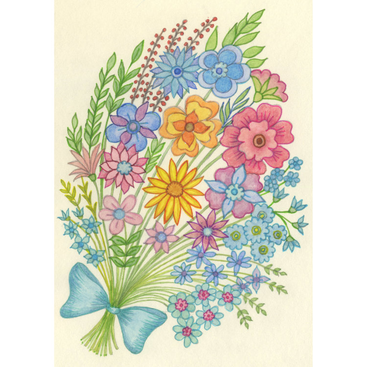 Design for small notecard with bouquet of bright garden flowers tied by teal blue riubbon