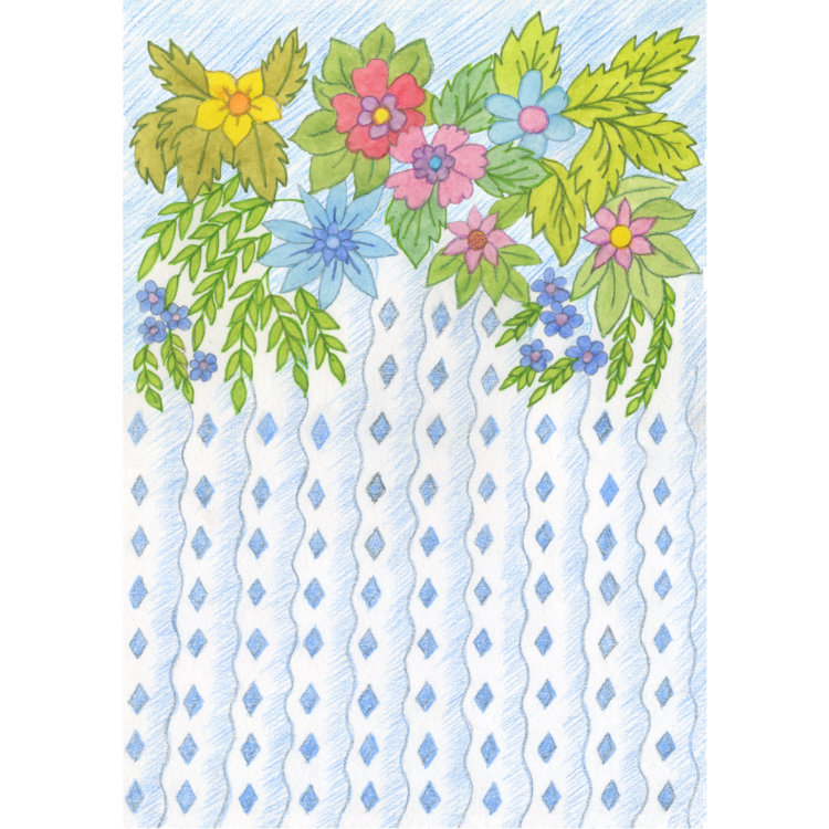 Design for small notecard with bright floral header and blue lines and diamonds falling below