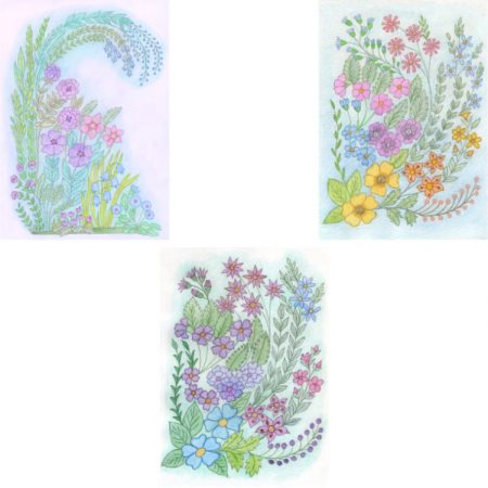 Set of 3 designs for small notecards with flower motifs in cool pastels