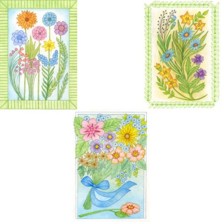 Set of 3 small notecards with hand-drawn floral designs in bright greens, blues and yellows