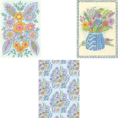 3 designs for small notecards with bright floral designs on blue backgrounds