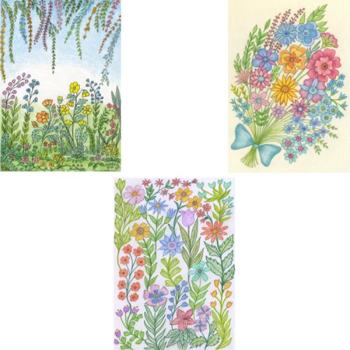 Set of 3 notecards with garden scenes and a tied bouquet of garden flowers
