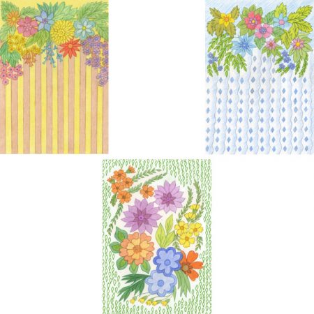 Set of 3 small notecards with floral headers and ribbon and lace backgrounds in bright colours