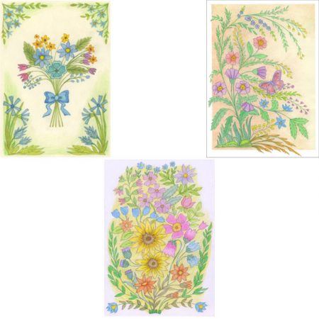 Set of 3 small notecards with floral designs in greens, pinks, purples and yellows
