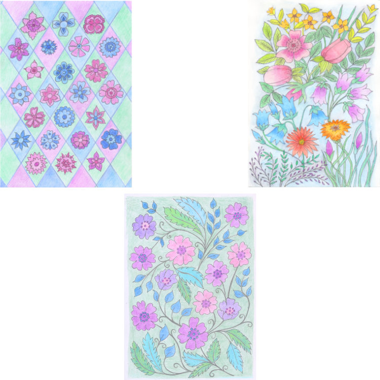 Set of 3 small notecards with floral patterns in pastel pinks, purples and greens