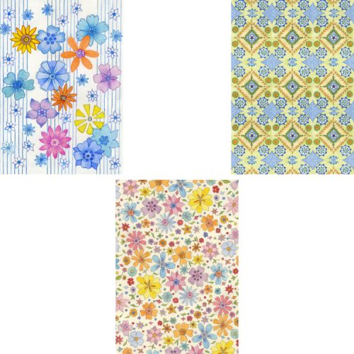 Set of 3 notecards with miniature floral motifs in colourful patterns