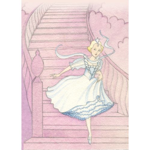 Children's greetings card with illustration of Cinderella running down stairs