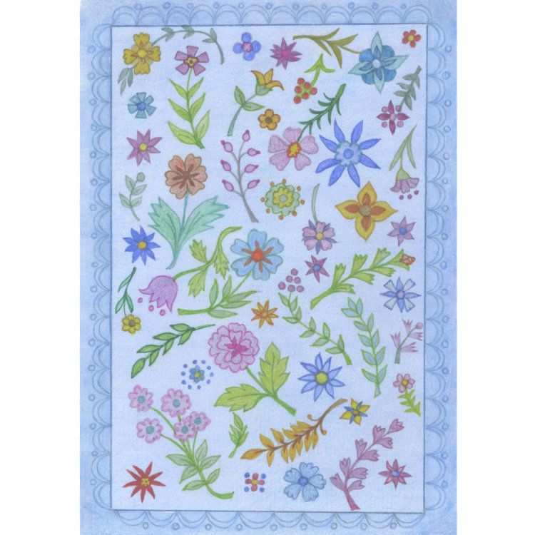 Design for small notecard with mini flowers and leaves on blue background