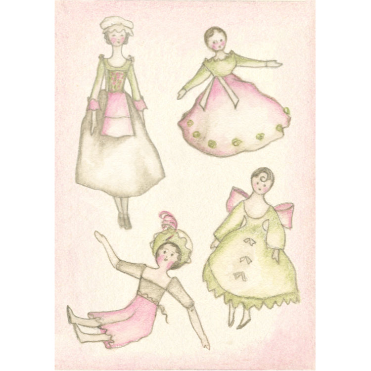 Design for small notecard with four peg dolls drawn in pinks and greens on a pink background
