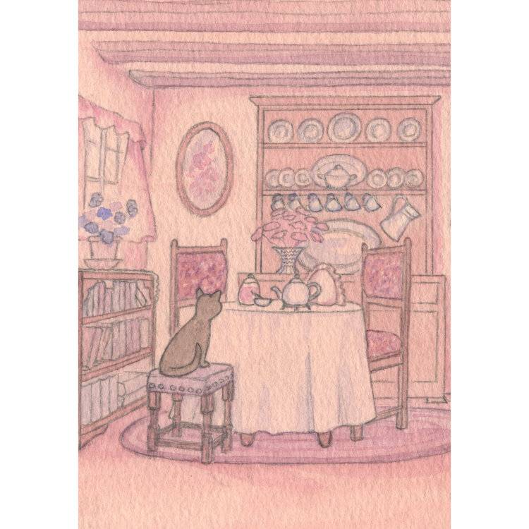 Design for small notecard with cat sitting at table in country cottage interior