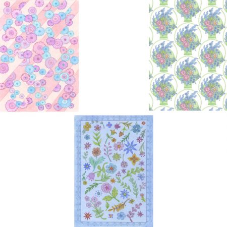 Set of 3 small notecards with floral designs in pinks, blues and greens