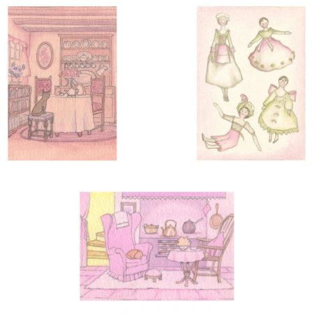 Set of 3 notecards with vintage designs of cats in cottage interiors and peg dolls