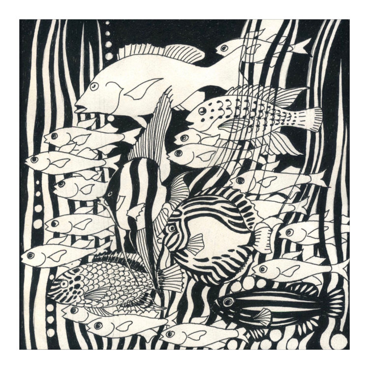 Canvas print with original drawing of fish in seaweed in black and white