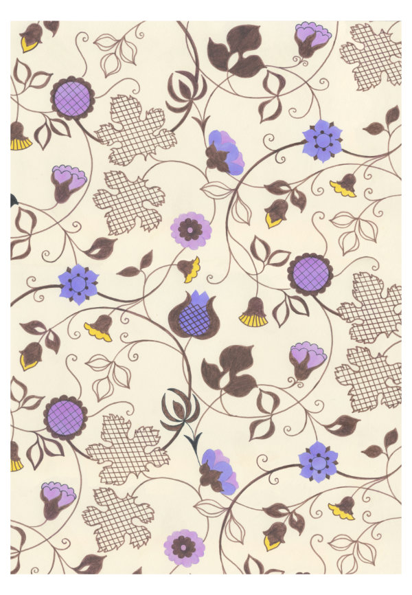 A3 print with original vintage textile design of brown vine leaves and tracery with purple and yellow flowers
