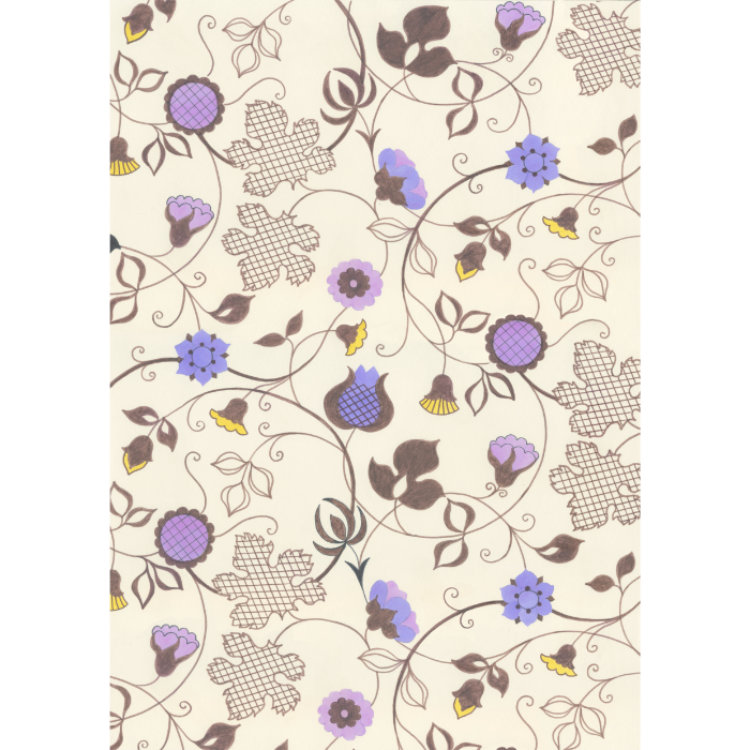 A3 print with original vintage textile design of brown vine leaves and tracery with purple and yellow flowers