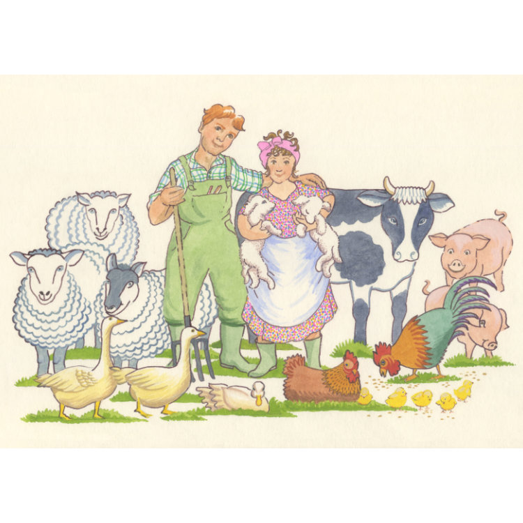 Greetings card design with original illustration of Old Macdonald with his wife and farm animals in a vintage style