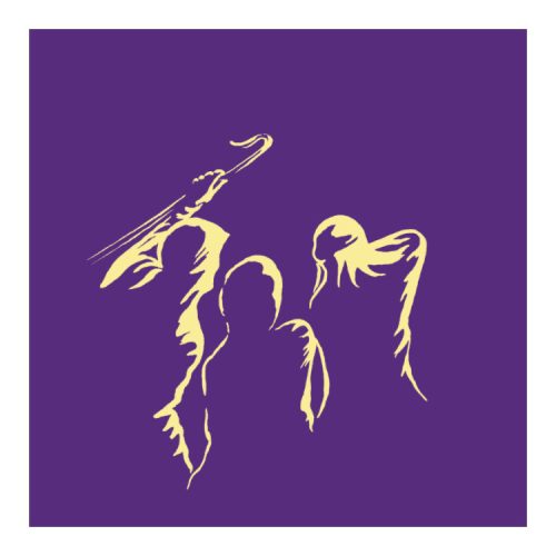 Charity Christmas Card design with three shepherds outlined in yellow against a purple background