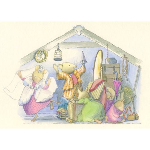 Children's greetings card with vintage watercolour of mice dressing up in an attic