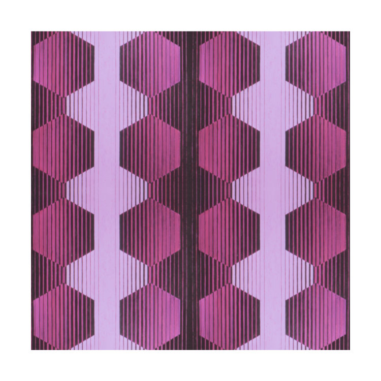 Greetings card with original 1950s wallpaper design of dark purple hexagons and pale purple and black columns
