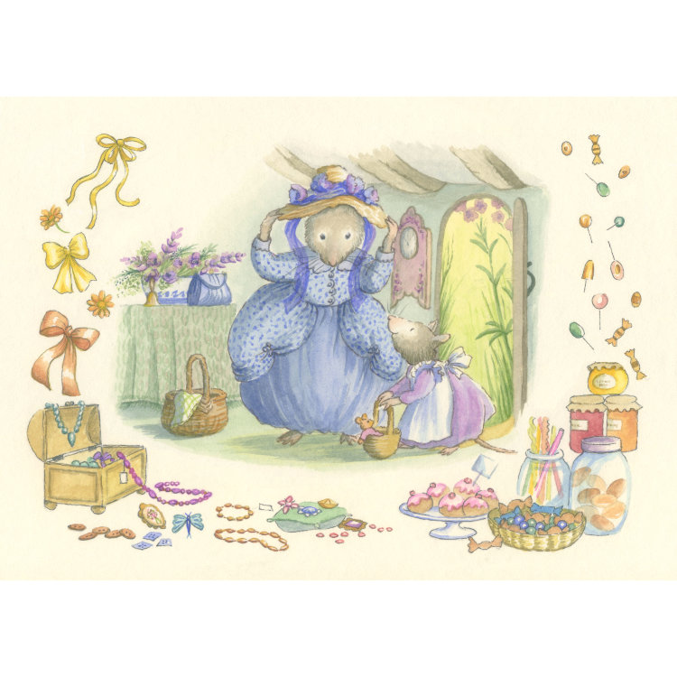 Children's greetings card with vintage watercolour illustration of a Mother mouse with her daughter, surrounded by ribbons, sweets, cakes and a jewellery casket