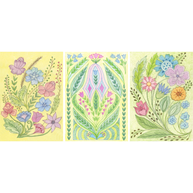 Set of small notecards with 3 designs of flowers in pastel shades, two bouquets and one geometric