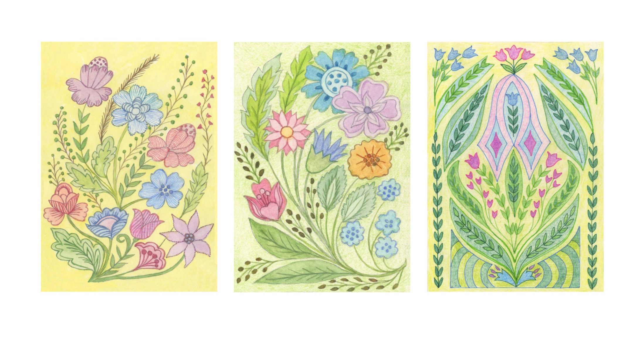 Set of small notecards with 3 designs of flowers in pastel shades, two bouquets and one geometric