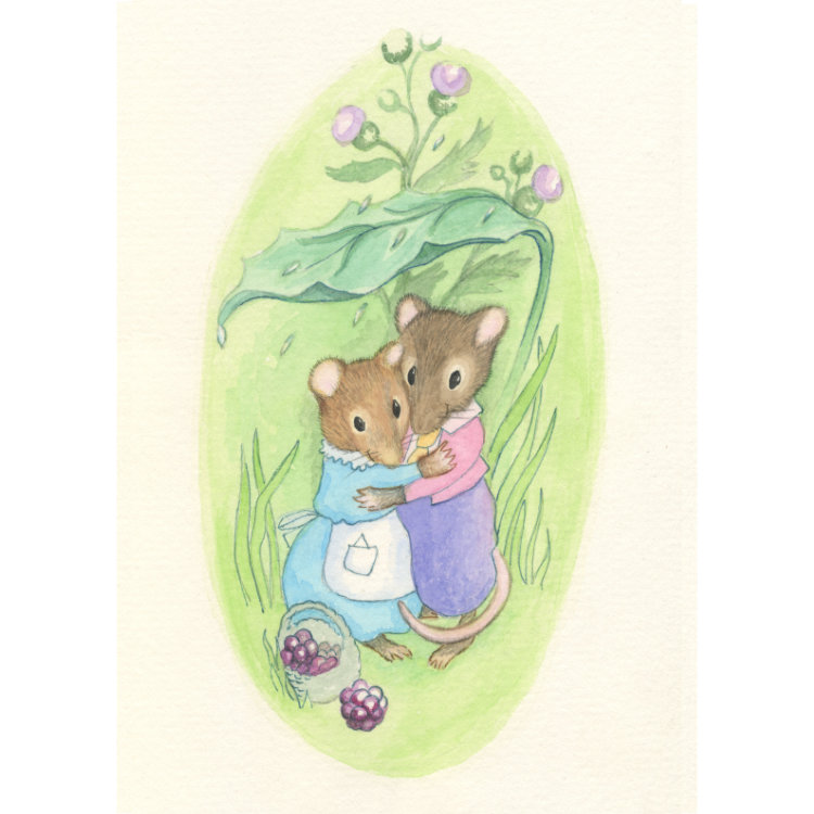 Children's greetings card with original vintage watercolour illustration of two little mice sheltering from the rain under a green leaf