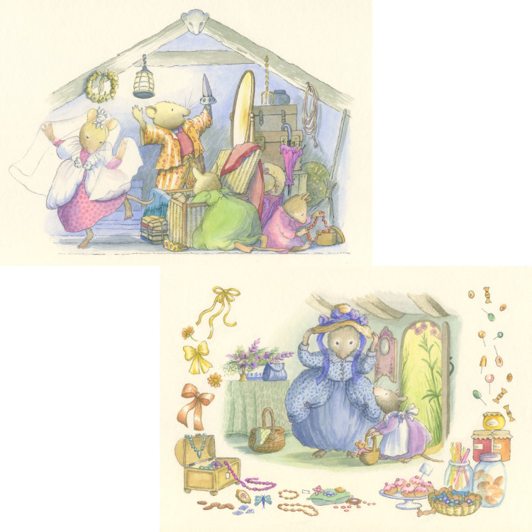 Children's greetings cards with vintage watercolour pictures of mice playing and shopping