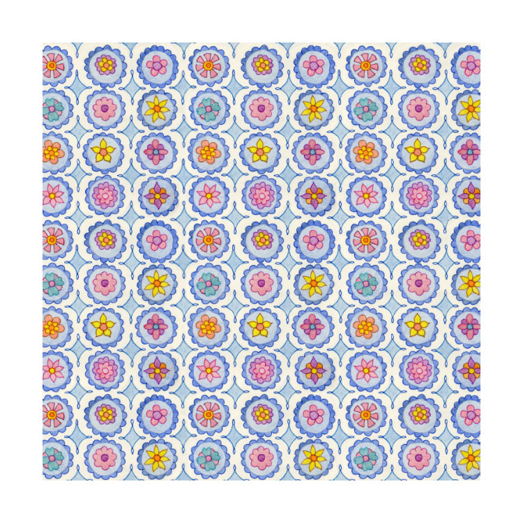 Greeting card with original pattern design featuring blue circles and tiny colourful flowers