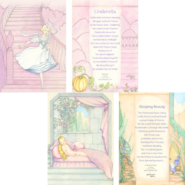 Two children's story greeting cards with vintage watercolours of Sleeping Beauty and Cinderella, showing front and back of card