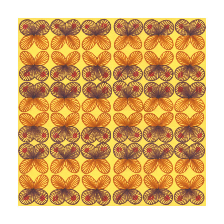 Greeting card with original textile design of butterflies in shades of brown on a yellow background