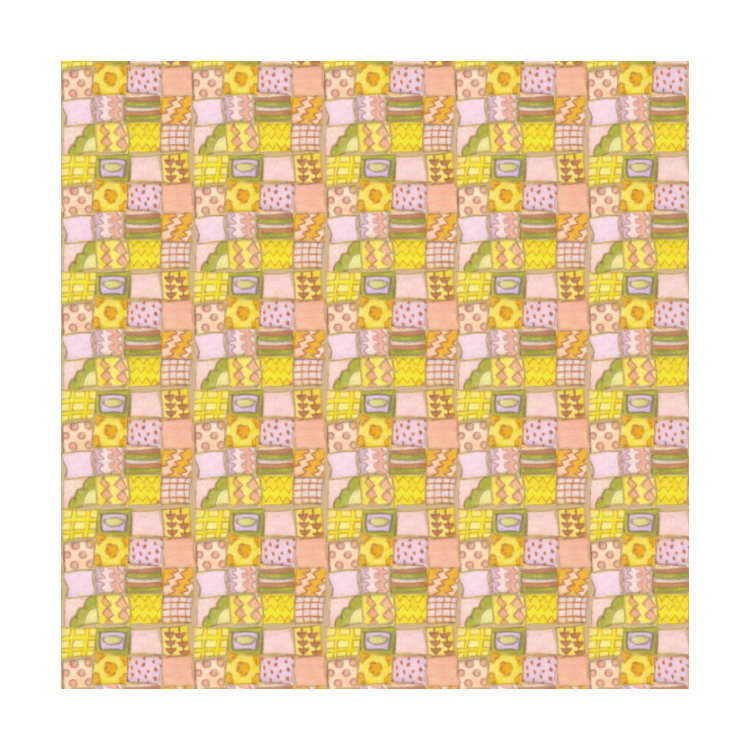 Greeting card with patchwork quilt pattern in pink, yellow and olive green squares