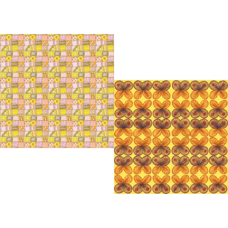 Two designs for greeting cards with repeating patterns on summer yellow backgrounds