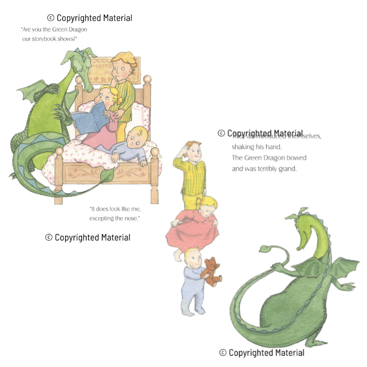 Two original children's book illustrations from 'A Dragon for Christmas' - three children and a green dragon in vintage style